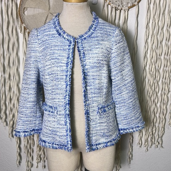 Tyler Boe Blue White Tweed Hook Front Blazer with Pockets size 6 - Picture 7 of 13